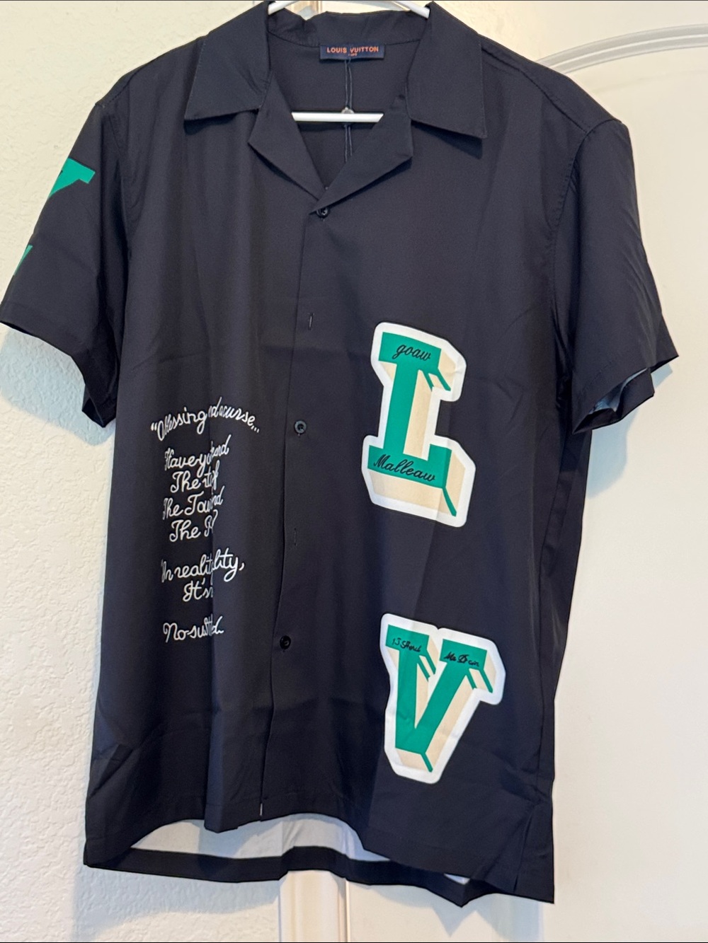 Louis Vuitton Black Short-Sleeve Patch Logo Camp Shirt with Teal Accents